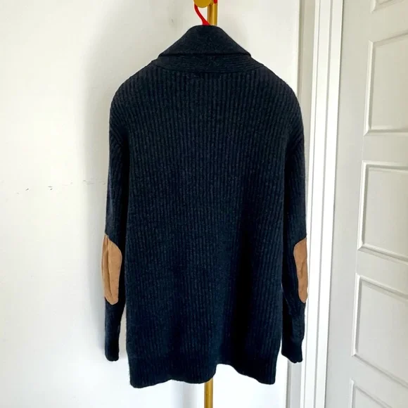 Men’s Grandpacore Navy Blue Ribbed Wool Shawl Collar Cardigan Elbow Patch Sz XL - Picture 11 of 12